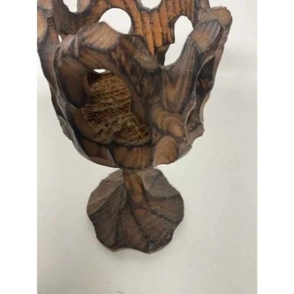 VTG Chine SE Crude Gothic Burnt‎ Wood Carved Goblet/Candle Holder 6” Taiwan
